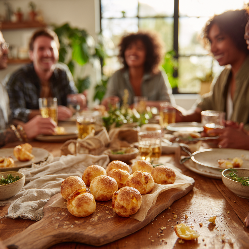 A sunlit table with friends reaching for fresh pão de queijo
