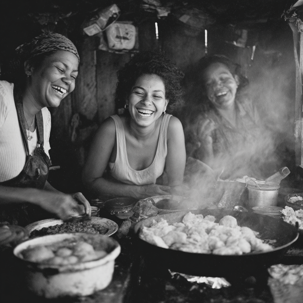 Three women laughing while making pão de queijo by hand